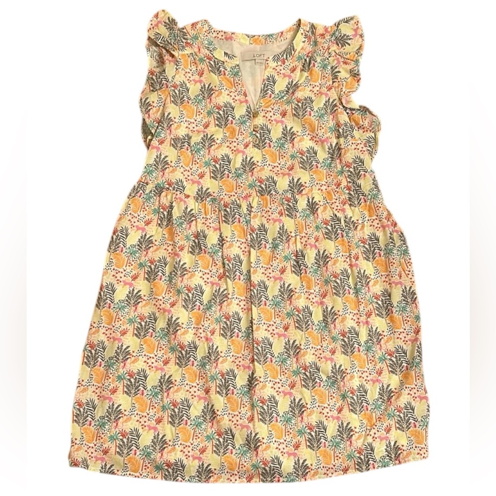 LOFT Paradise Ruffle Button Dress Yellow Pink Orange Palm Tree Women’s Size XSP